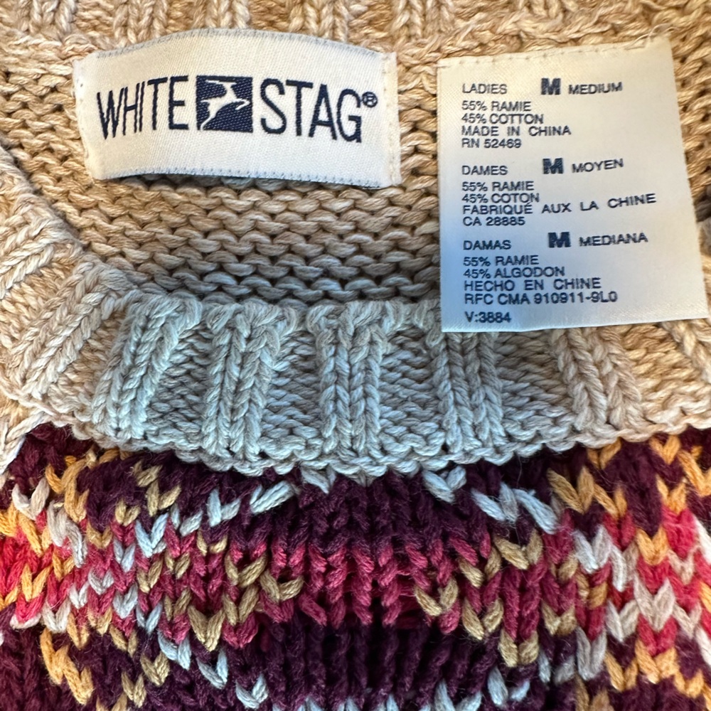 Vintage White Stag Patchwork Knit Sweater Folk Art Cottagecore M Longline Winter - Picture 3 of 16